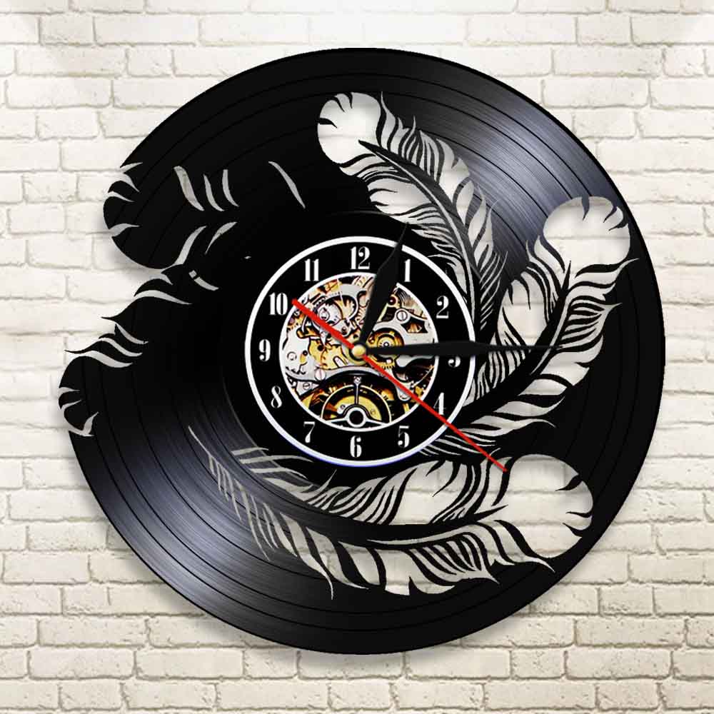 Bird Feathers Wall Art Wall Clock Natural Interior  Vinyl Record Wall Clock Modern Hanging Watch Bird Pet Owners by Woody Signs Co. - Handmade Crafted Unique Wooden Creative