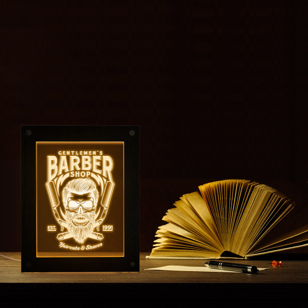 Gentlemen's Barber Shop Desktop LED Lighting Advertisement Board Custom Barber Logo Business Sign Haircuts & Shave Wooden Frame by Woody Signs Co. - Handmade Crafted Unique Wooden Creative