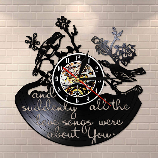 And Suddenly All The Love Songs Were All About You Inspirational Quote Vinyl Record Wall Clock Valentine Birds Retro by Woody Signs Co. - Handmade Crafted Unique Wooden Creative