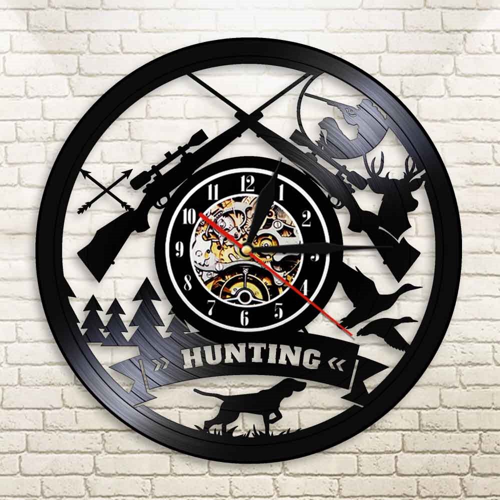 Hunting Logo Rifle Gun Sign Wall Clock Animal Hunting Adventure Vinyl Record Wall Clock Wilderness Tribal  Hunter by Woody Signs Co. - Handmade Crafted Unique Wooden Creative