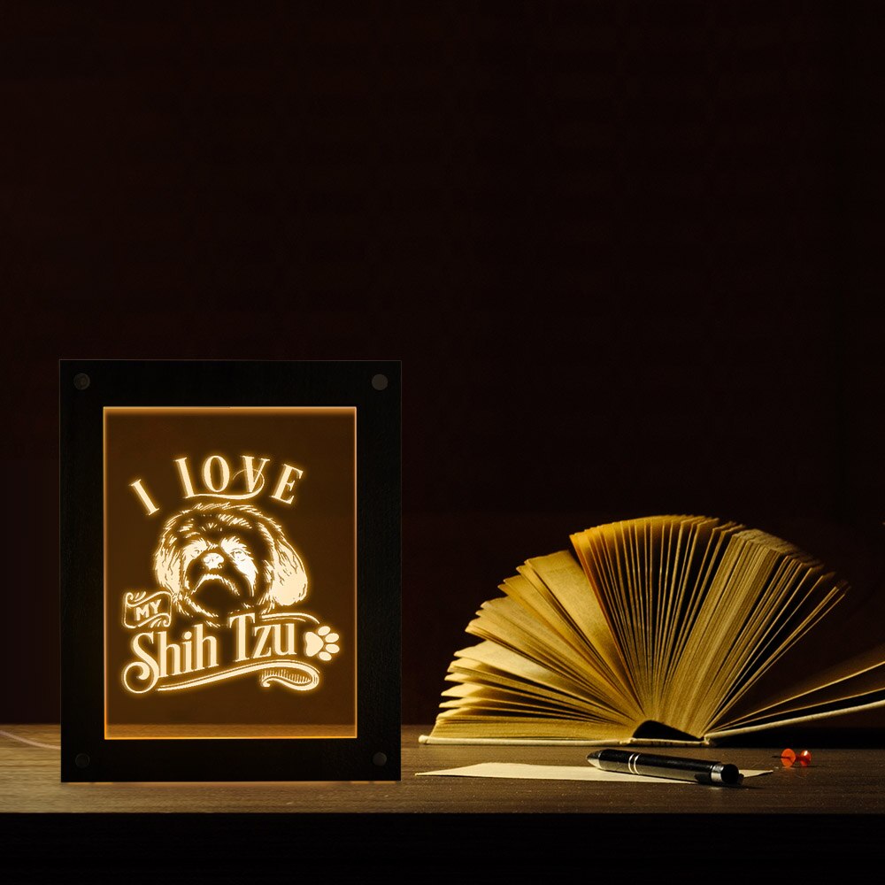 I Love My Shih Tzu Chinese Lion Dog LED Lighting Text Photo Frame Puppy Dog LED Night Lamp Wooden Laser Engraved Picture Frame by Woody Signs Co. - Handmade Crafted Unique Wooden Creative