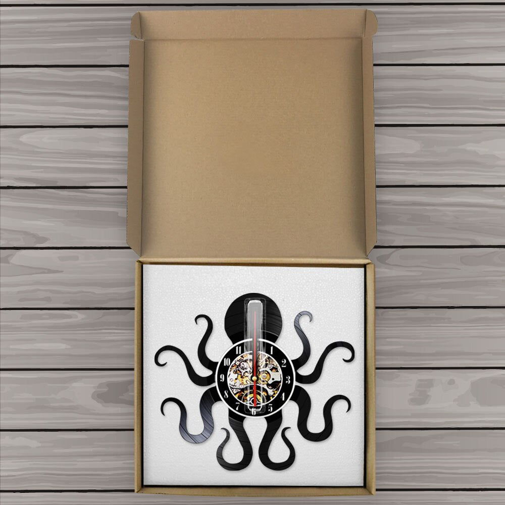 Retro Octopus Mollusk Vinyl Record Wall Clock With LED Backlight Kraken Octopus Ocean Animal LED Night Light Modern Clock Watch by Woody Signs Co. - Handmade Crafted Unique Wooden Creative