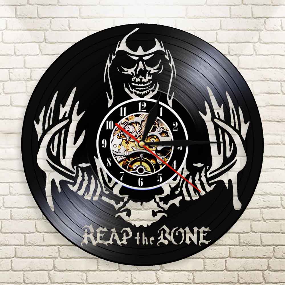 Reap The Bone Grim Reaper Horror Skeleton  Spooky Wall Clock Halloween Decor Death Skull Killer Vinyl Record Wall Clock by Woody Signs Co. - Handmade Crafted Unique Wooden Creative