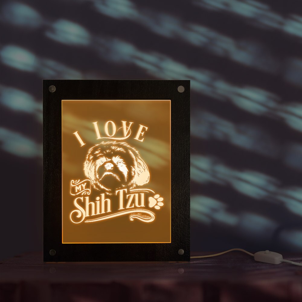 I Love My Shih Tzu Chinese Lion Dog LED Lighting Text Photo Frame Puppy Dog LED Night Lamp Wooden Laser Engraved Picture Frame by Woody Signs Co. - Handmade Crafted Unique Wooden Creative