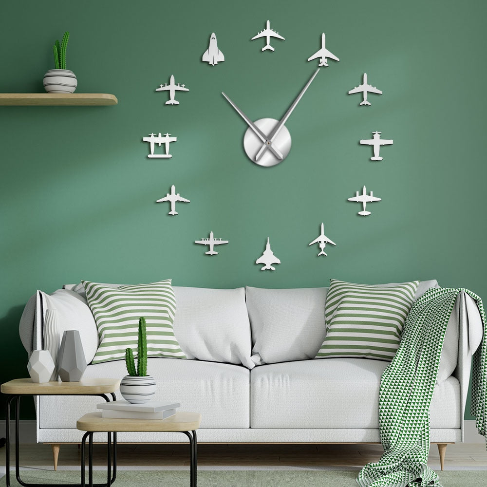 Flying Plane Fighter Jet Modern Large Wall Clock DIY Acrylic Mirror Effect Sticker Airplane Silent Wall Clock Aviator by Woody Signs Co. - Handmade Crafted Unique Wooden Creative