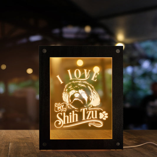 I Love My Shih Tzu Chinese Lion Dog LED Lighting Text Photo Frame Puppy Dog LED Night Lamp Wooden Laser Engraved Picture Frame by Woody Signs Co. - Handmade Crafted Unique Wooden Creative
