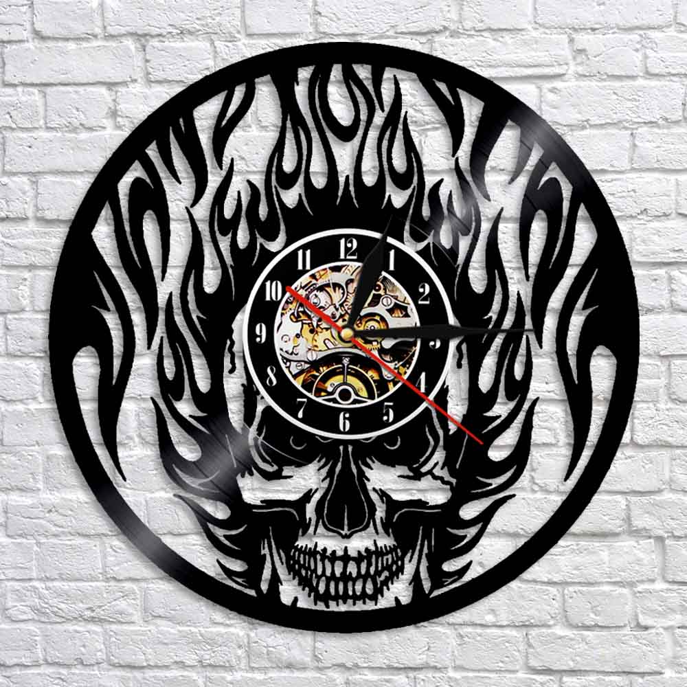 Flaming Skull Wall Clock Skull Head On Fire  Vinyl Record Wall Clock Fire Burning Skeleton Halloween  Clock by Woody Signs Co. - Handmade Crafted Unique Wooden Creative