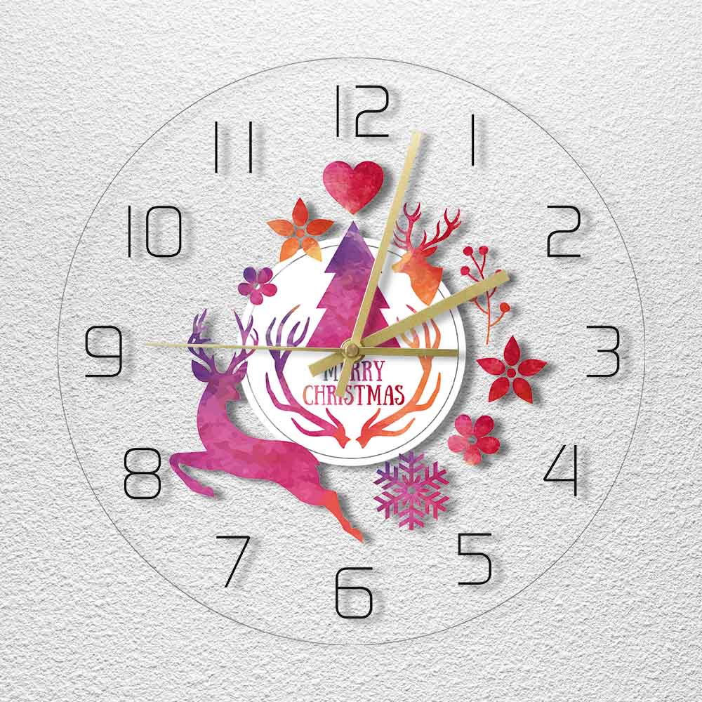 Merry Christmas Watercolor Deer Painting Print Modern Simple Wall Clock Holiday Hanging Timepiece  New Year by Woody Signs Co. - Handmade Crafted Unique Wooden Creative
