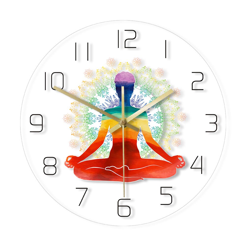 Rainbow Watercolor Meditation Spiritual Yoga Pose Modern Simple Wall Clock Healthy Zen Scale Round Style Non -Ticking Wall Clock by Woody Signs Co. - Handmade Crafted Unique Wooden Creative