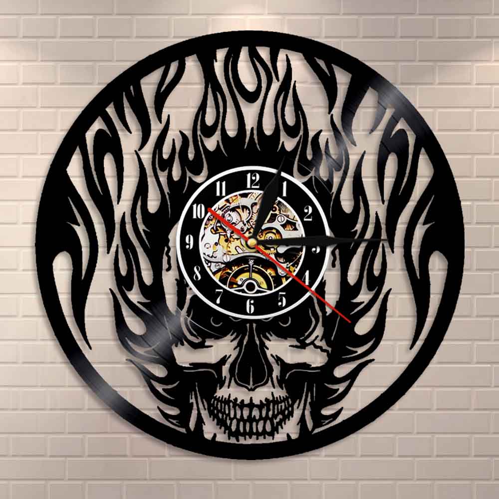 Flaming Skull Wall Clock Skull Head On Fire  Vinyl Record Wall Clock Fire Burning Skeleton Halloween  Clock by Woody Signs Co. - Handmade Crafted Unique Wooden Creative