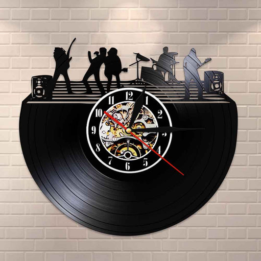 Rock Band on Stage Black & White  Vintage Vinyl Record LP  Silent Wall Clock Music Band Live Music Studio Decor by Woody Signs Co. - Handmade Crafted Unique Wooden Creative