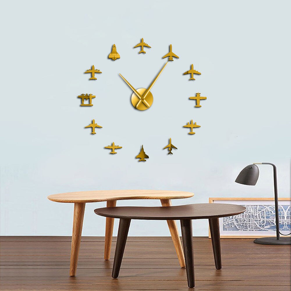 Flying Plane Fighter Jet Modern Large Wall Clock DIY Acrylic Mirror Effect Sticker Airplane Silent Wall Clock Aviator by Woody Signs Co. - Handmade Crafted Unique Wooden Creative