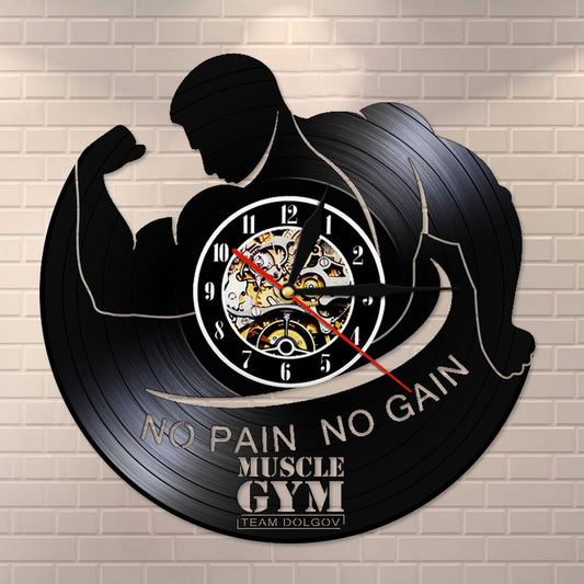No Pain No Gain Music Gym Vinyl Record Wall Clock Sport Fitness Bodybuilding Vintage LED Backlight Modern Hoem Decor by Woody Signs Co. - Handmade Crafted Unique Wooden Creative