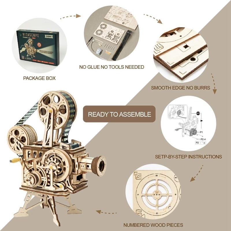 183pcs Vintage Diy 3D Hand Crank Film Projector Wooden Puzzle Game Assembly Vitascope Toy Gift for Children Adult by Woody Signs Co. - Handmade Crafted Unique Wooden Creative