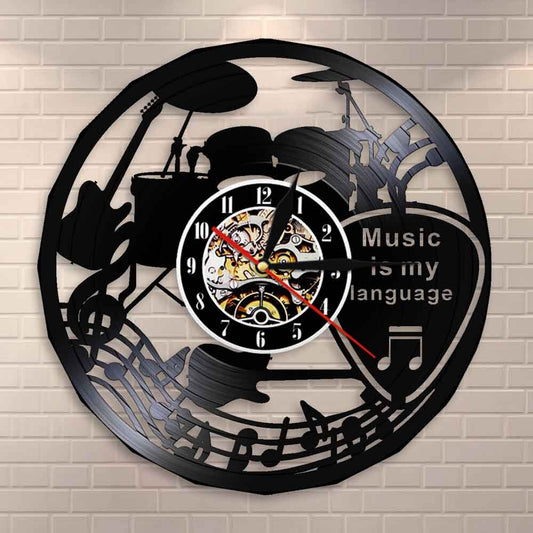 Music Is My Language Music Inspirational Quote Wall Clock Music Theater Decoration Guitar Drums Vintage Vinyl Record Wall Clock by Woody Signs Co. - Handmade Crafted Unique Wooden Creative