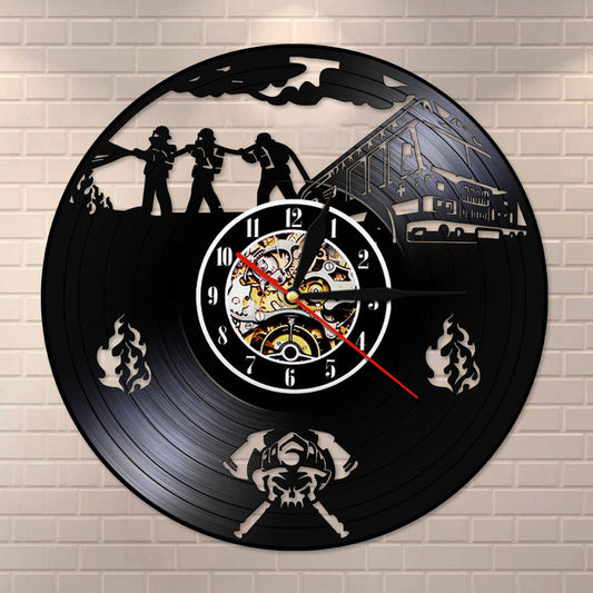 Fire Department Office Vinyl Record Wall Clock Modern Vintage Firefighting Rescue Silhouette LED Light by Woody Signs Co. - Handmade Crafted Unique Wooden Creative