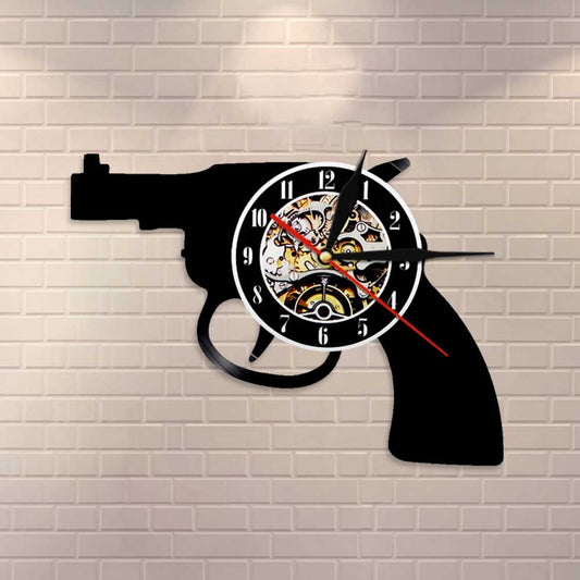 Revolver Design Vintage LP Record Gun Vinyl Wall Clock 3D Creative Art Wall Living Room  Handmade by Woody Signs Co. - Handmade Crafted Unique Wooden Creative