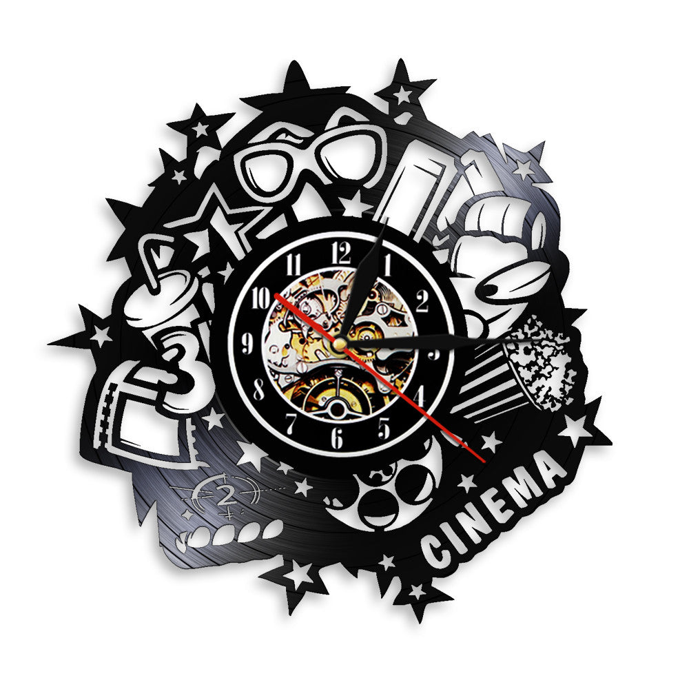 Cinema Sign Wall Clock Movie Theater Now Showing Vintage Vinyl Record Wall Clock Pop Corn Drinks 3D Glass Home Cinema Movie Deco by Woody Signs Co. - Handmade Crafted Unique Wooden Creative