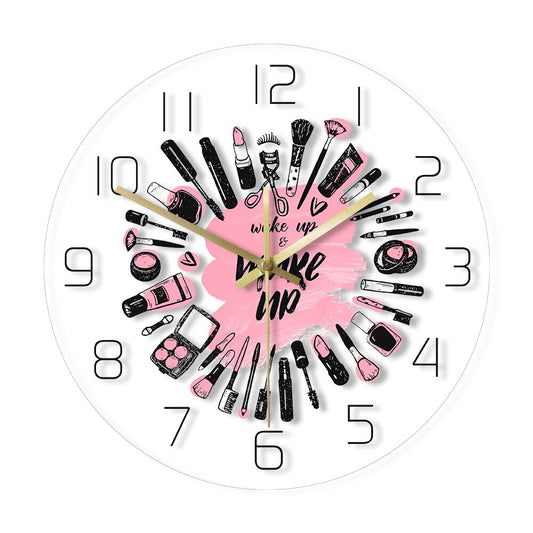 Wake Up & Make Up Cosmetics Collection Modern Wall Clock Beauty Salon Business Wall Sign Make Up Set Silent Movement Wall Clock by Woody Signs Co. - Handmade Crafted Unique Wooden Creative