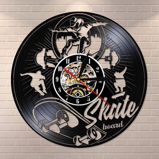 Skate Board Black Vinyl LP Wall Clock Skateboard Roller Skaters Vinyl Record  Board Teenage Room Silent Quartz Clock by Woody Signs Co. - Handmade Crafted Unique Wooden Creative