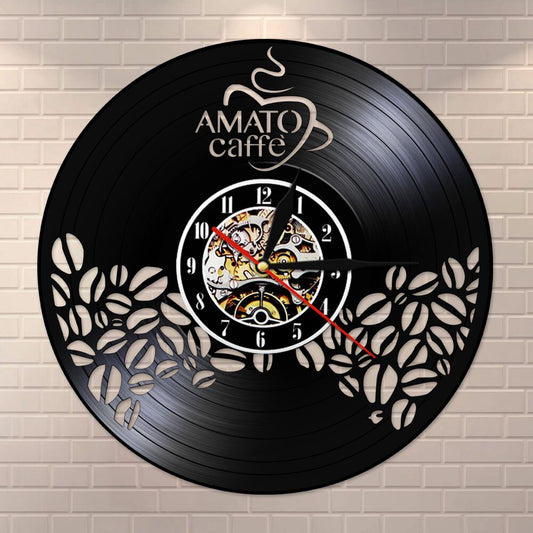 Amato Caffe Vinyl Record Clock Coffee Beans Design Hanging Silent Watch Coffee Lover Gift Coffee Bar Shop Wall  Sign by Woody Signs Co. - Handmade Crafted Unique Wooden Creative