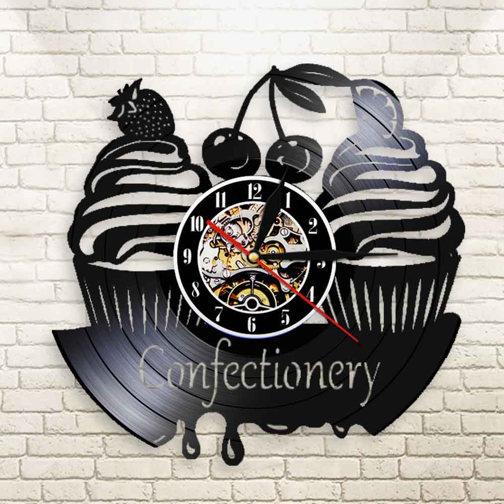 Confectionery Business Wall Sign Modern Wall Clock Sweets Cupcake Vinyl Record Wall Clock Bakery Cherry Cake  Clock by Woody Signs Co. - Handmade Crafted Unique Wooden Creative