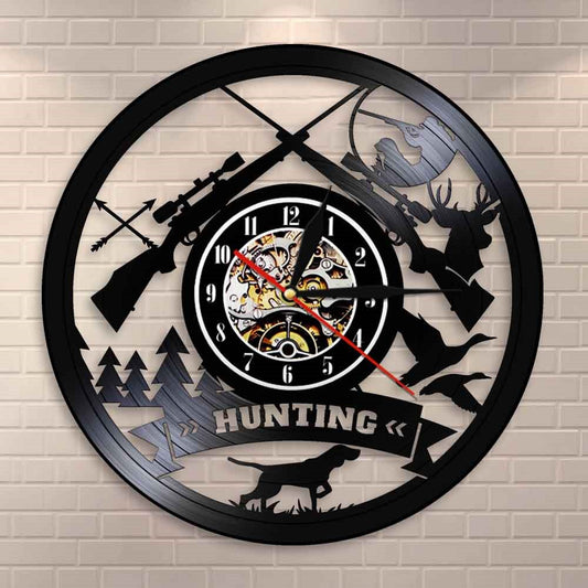 Hunting Logo Rifle Gun Sign Wall Clock Animal Hunting Adventure Vinyl Record Wall Clock Wilderness Tribal  Hunter by Woody Signs Co. - Handmade Crafted Unique Wooden Creative