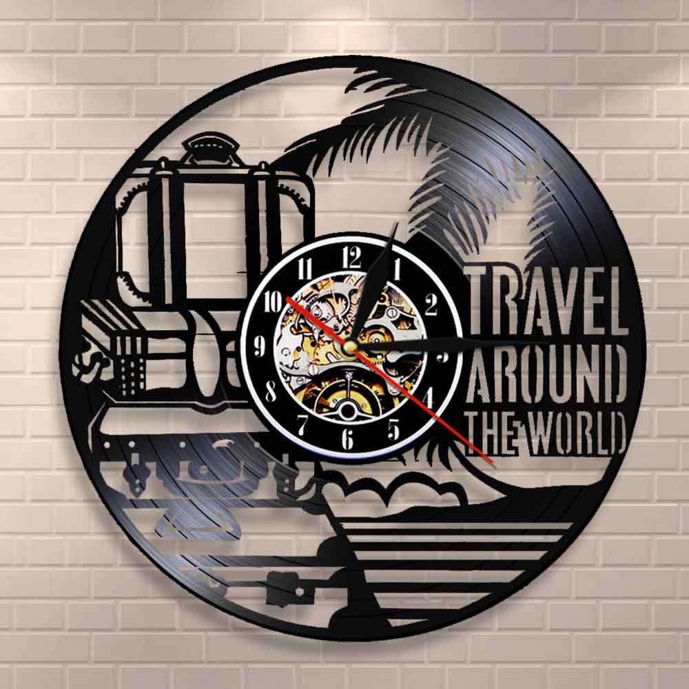 Travel Around The World Vacation Tourism Wall Clock Travel Doodles Vinyl Record Wall Clock Travel Planner by Woody Signs Co. - Handmade Crafted Unique Wooden Creative