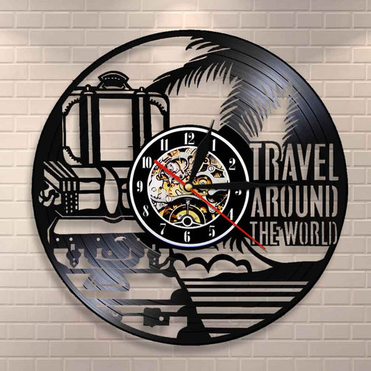 Travel Around The World Vacation Tourism Wall Clock Travel Doodles Vinyl Record Wall Clock Travel Planner by Woody Signs Co. - Handmade Crafted Unique Wooden Creative