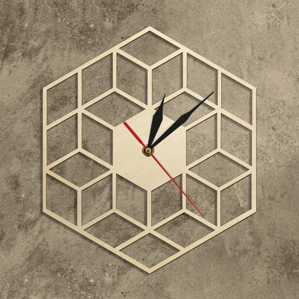 Cube Inspired Hexagon Wooden Wall Clock Silent Non Ticking Rustic Wood Clock Minimalist Geometric  Modern  (12 inch) by Woody Signs Co. - Handmade Crafted Unique Wooden Creative