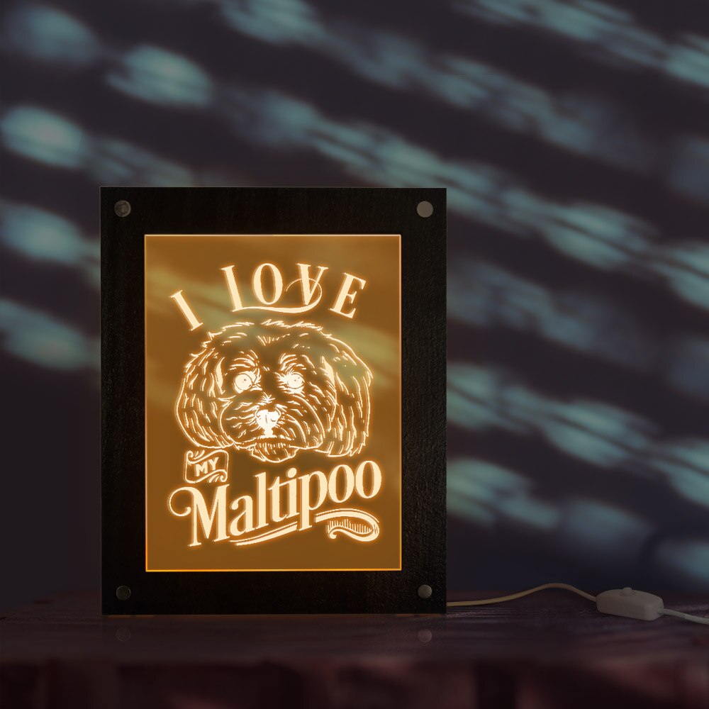I Love My Maltipoo Maltese Poodle Mixed Breed Dog Acrylic LED Edge Lit Wooden Picture Frame Kid Room Bedside Sleepy Night Light by Woody Signs Co. - Handmade Crafted Unique Wooden Creative