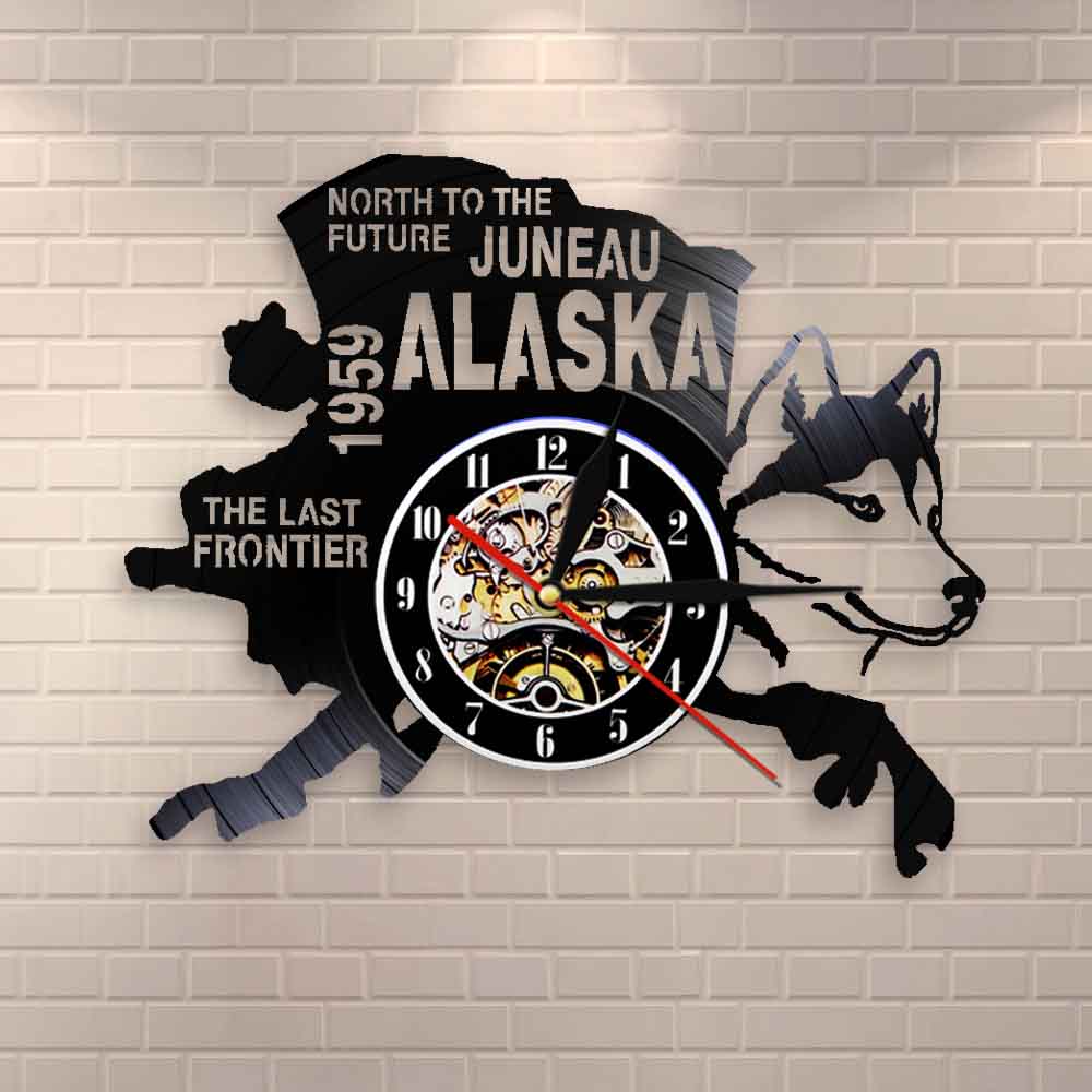 The Last Frontier Alaska Decor USA Cityscape Vinyl Record Clock North To The Future Juneau Modern Vintage Gift Alaska Dog Decor by Woody Signs Co. - Handmade Crafted Unique Wooden Creative
