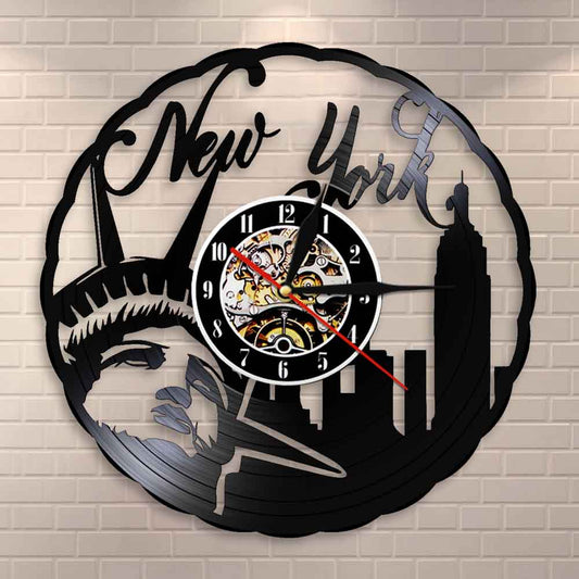 New York Skyline Vintage Vinyl Record Wall Clock NYC Statue of Liberty Freedom  America Travel Gift Home Interior Design by Woody Signs Co. - Handmade Crafted Unique Wooden Creative