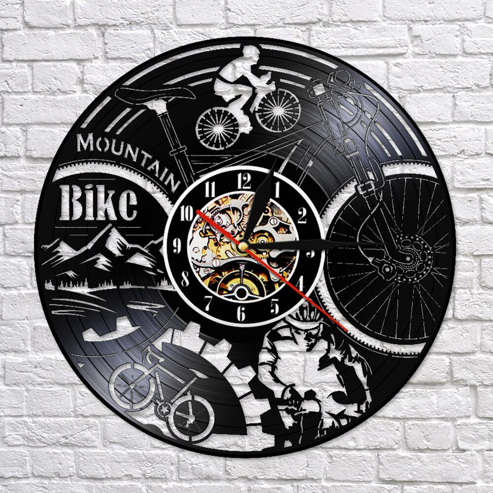 Mountain Bike Vinyl Record Wall Clock Mountain Biking Black Retro   Silent  Adventure Bicycle by Woody Signs Co. - Handmade Crafted Unique Wooden Creative