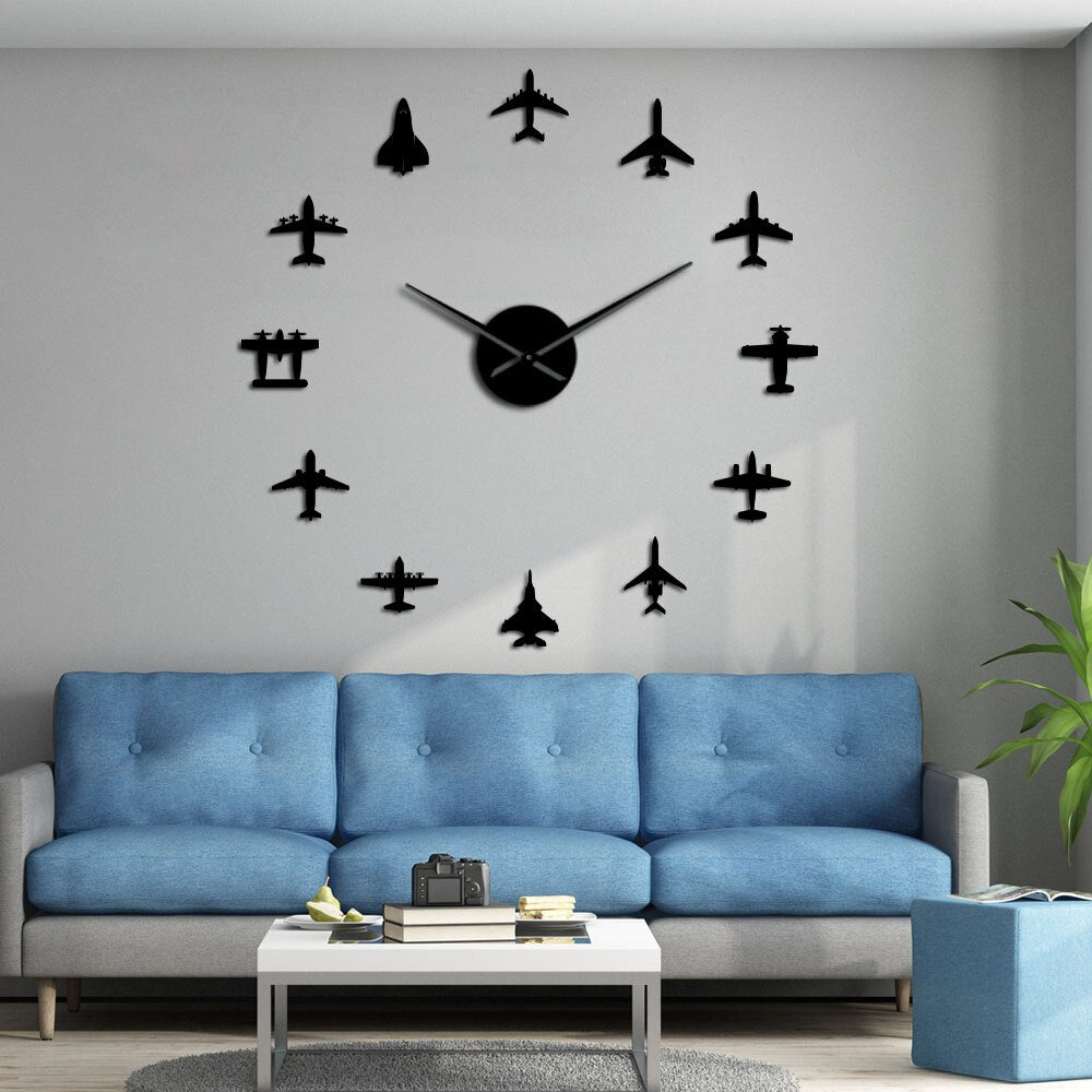 Flying Plane Fighter Jet Modern Large Wall Clock DIY Acrylic Mirror Effect Sticker Airplane Silent Wall Clock Aviator by Woody Signs Co. - Handmade Crafted Unique Wooden Creative