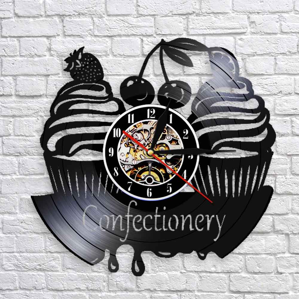 Confectionery Business Wall Sign Modern Wall Clock Sweets Cupcake Vinyl Record Wall Clock Bakery Cherry Cake  Clock by Woody Signs Co. - Handmade Crafted Unique Wooden Creative