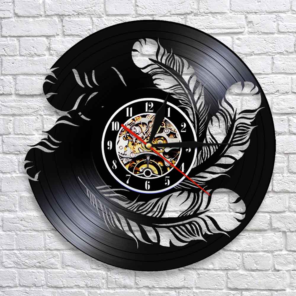 Bird Feathers Wall Art Wall Clock Natural Interior  Vinyl Record Wall Clock Modern Hanging Watch Bird Pet Owners by Woody Signs Co. - Handmade Crafted Unique Wooden Creative