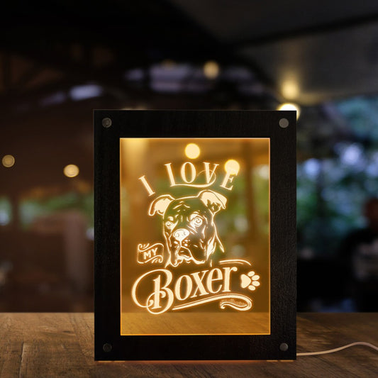 I Love My Boxer Dog LED Light Picture Frame Laser Engraved Custom Text Wooden LED Night Light Display Deutscher Boxer Room Decor by Woody Signs Co. - Handmade Crafted Unique Wooden Creative
