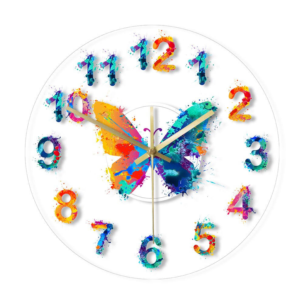 Colorful Numbers Modern Wall Clock Watercolor Butterfly Painting Art Hanging Timepiece Giclee Fine Art Print Silent Wall Clock by Woody Signs Co. - Handmade Crafted Unique Wooden Creative