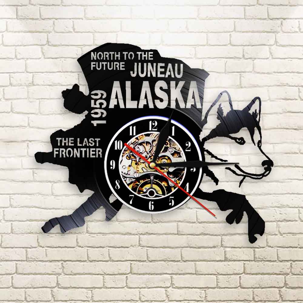 The Last Frontier Alaska Decor USA Cityscape Vinyl Record Clock North To The Future Juneau Modern Vintage Gift Alaska Dog Decor by Woody Signs Co. - Handmade Crafted Unique Wooden Creative
