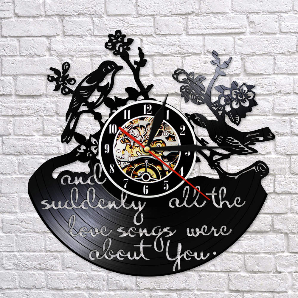 And Suddenly All The Love Songs Were All About You Inspirational Quote Vinyl Record Wall Clock Valentine Birds Retro by Woody Signs Co. - Handmade Crafted Unique Wooden Creative