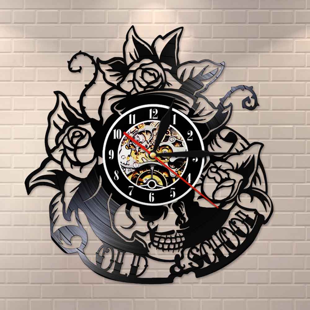 Tattoo Skull with Rose Vinyl Record Wall Clock Skeleton Skull Thorn Roses Silent Quartz  Gothic Home Art by Woody Signs Co. - Handmade Crafted Unique Wooden Creative