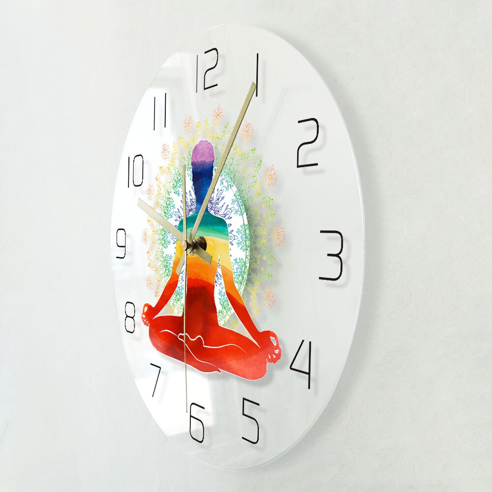 Rainbow Watercolor Meditation Spiritual Yoga Pose Modern Simple Wall Clock Healthy Zen Scale Round Style Non -Ticking Wall Clock by Woody Signs Co. - Handmade Crafted Unique Wooden Creative