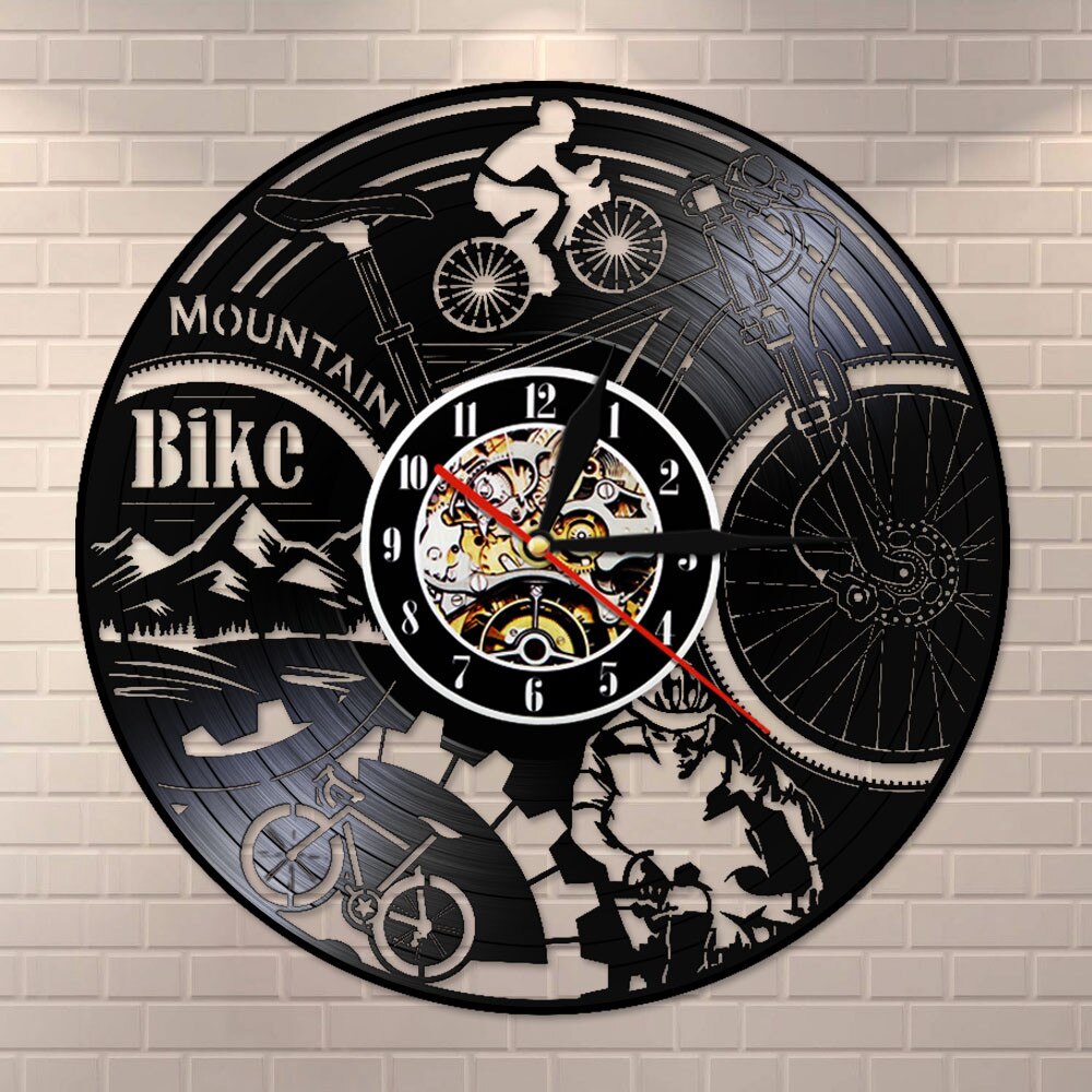 Mountain Bike Vinyl Record Wall Clock Mountain Biking Black Retro   Silent  Adventure Bicycle by Woody Signs Co. - Handmade Crafted Unique Wooden Creative