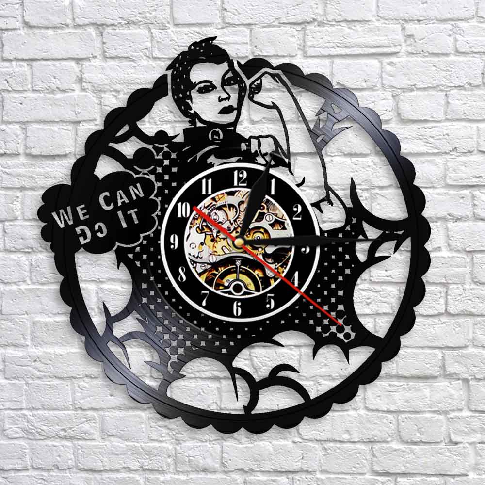 We Can Do It Girl Power Rosie the Riveter Feminist  Modern Wall Clock Strong Woman Protest Signs Vinyl Record Clock by Woody Signs Co. - Handmade Crafted Unique Wooden Creative