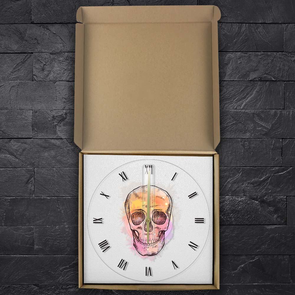 Watercolor Skull Head With Vintage Roman Numerals  Wall Clock Hand Drawn Scary Skeleton Head Retro Acrylic by Woody Signs Co. - Handmade Crafted Unique Wooden Creative