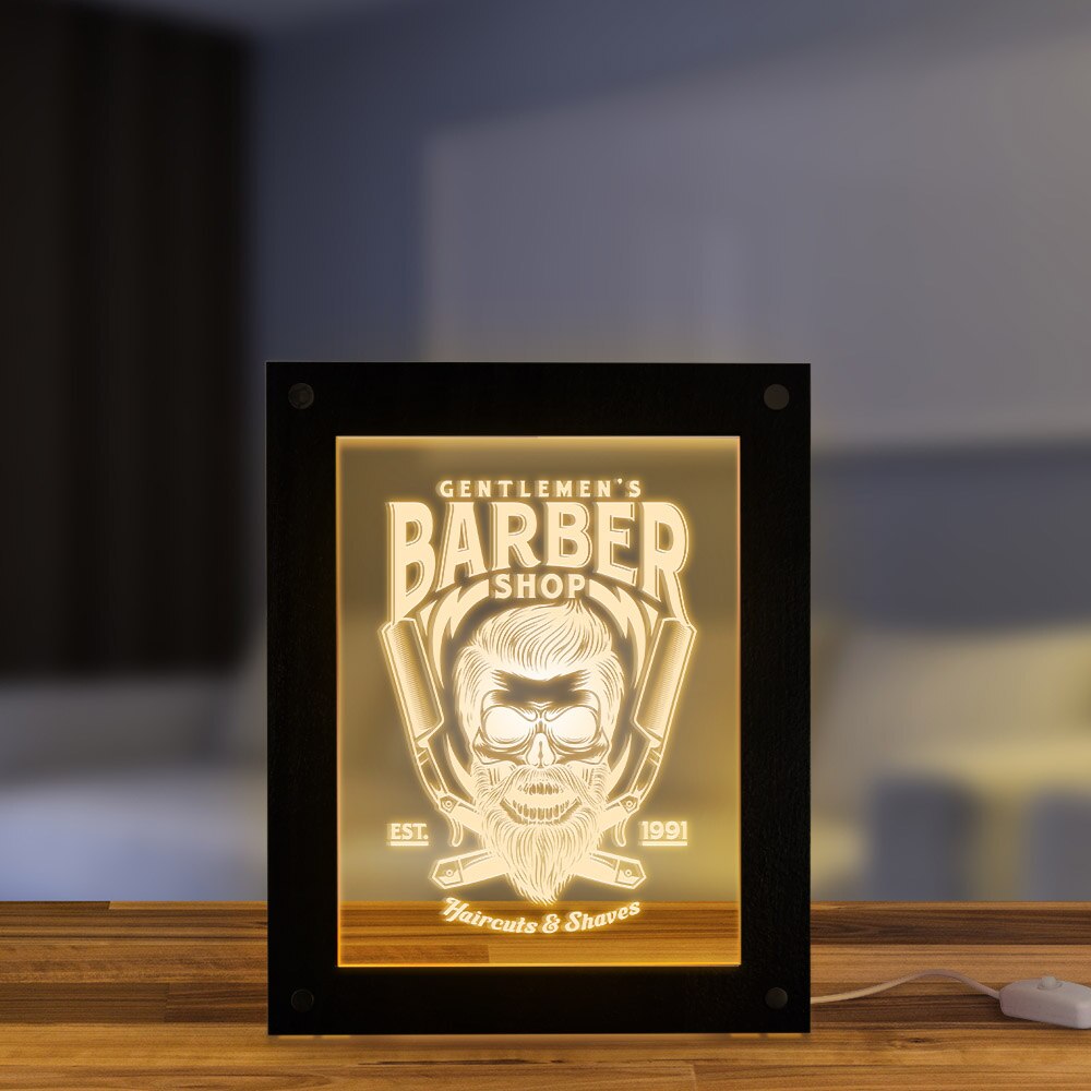 Gentlemen's Barber Shop Desktop LED Lighting Advertisement Board Custom Barber Logo Business Sign Haircuts & Shave Wooden Frame by Woody Signs Co. - Handmade Crafted Unique Wooden Creative