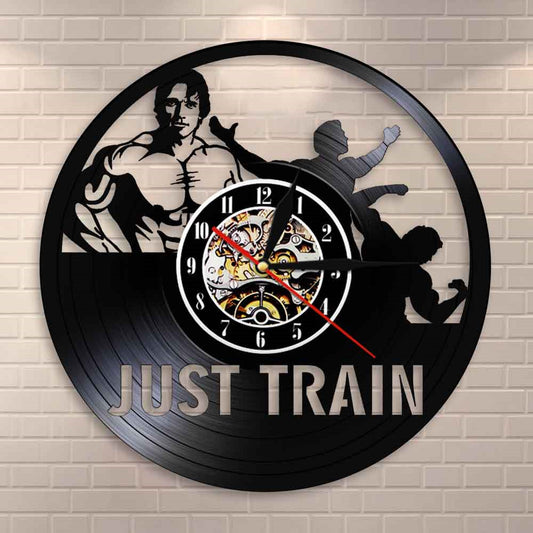 Just Train  GYM Wall Clock Muscle Man Weighting Vinyl Record Wall Clock Fitness Center  Clock by Woody Signs Co. - Handmade Crafted Unique Wooden Creative