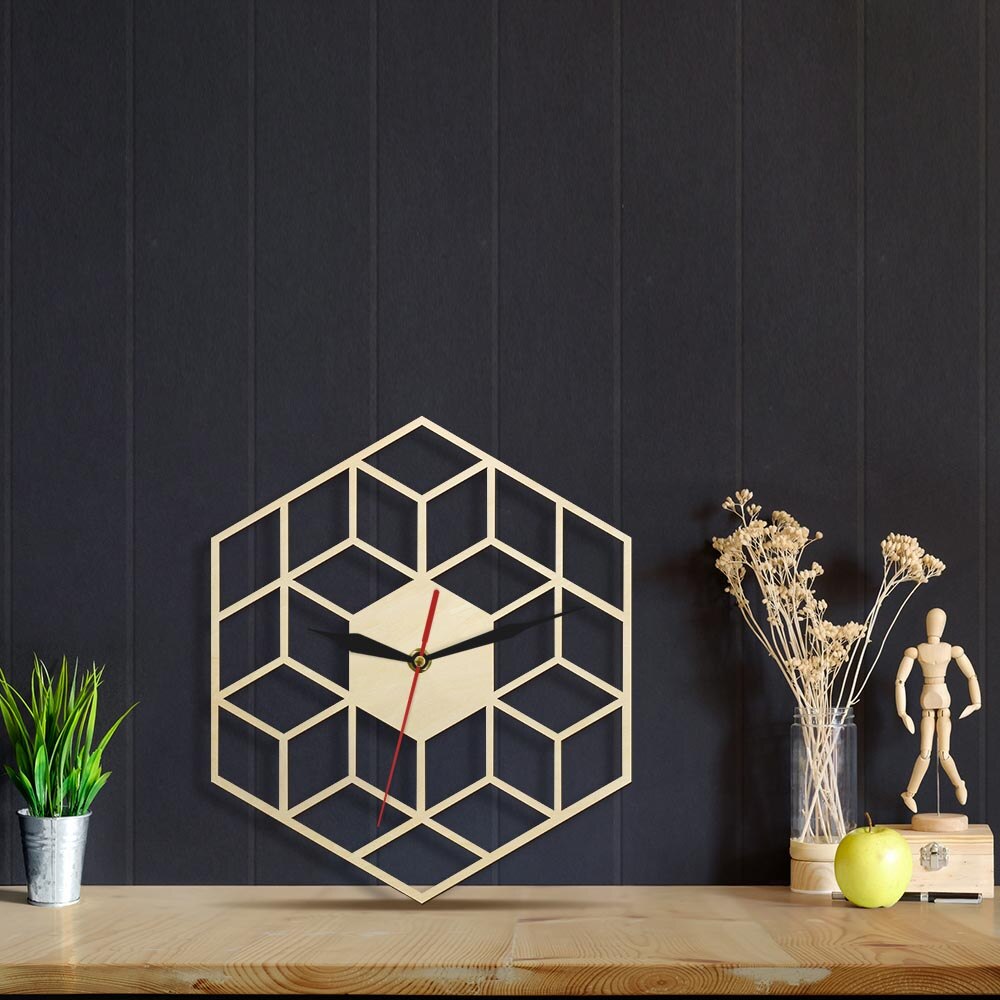 Cube Inspired Hexagon Wooden Wall Clock Silent Non Ticking Rustic Wood Clock Minimalist Geometric  Modern  (12 inch) by Woody Signs Co. - Handmade Crafted Unique Wooden Creative