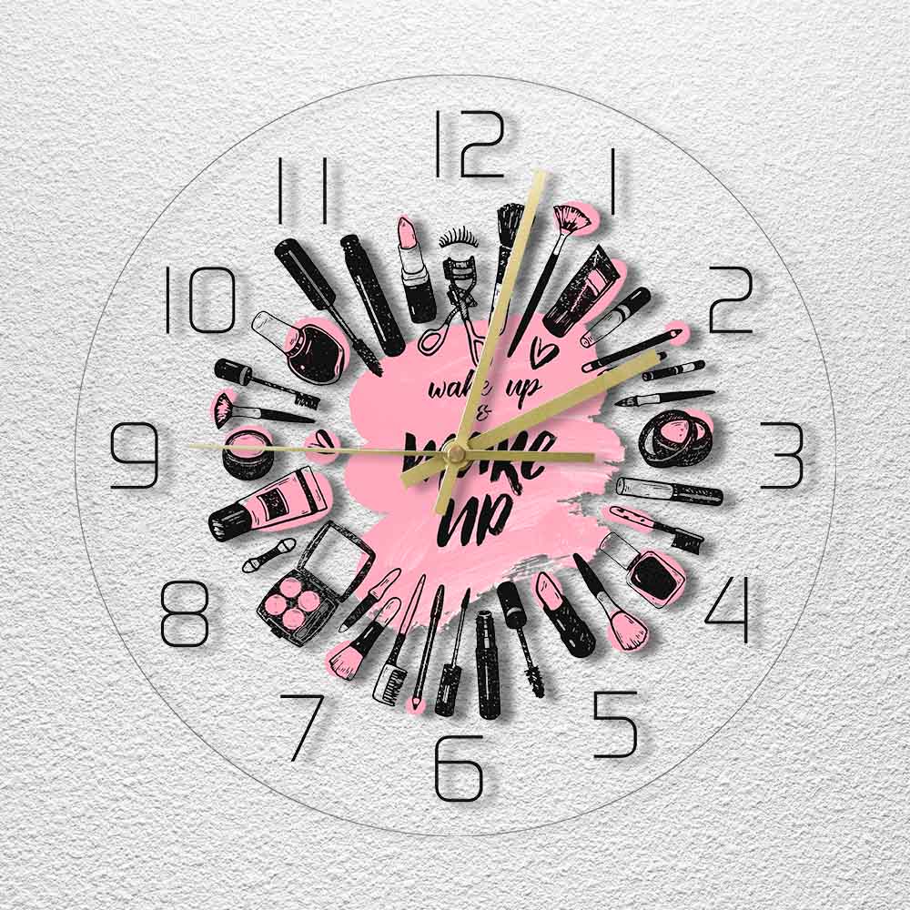 Wake Up & Make Up Cosmetics Collection Modern Wall Clock Beauty Salon Business Wall Sign Make Up Set Silent Movement Wall Clock by Woody Signs Co. - Handmade Crafted Unique Wooden Creative